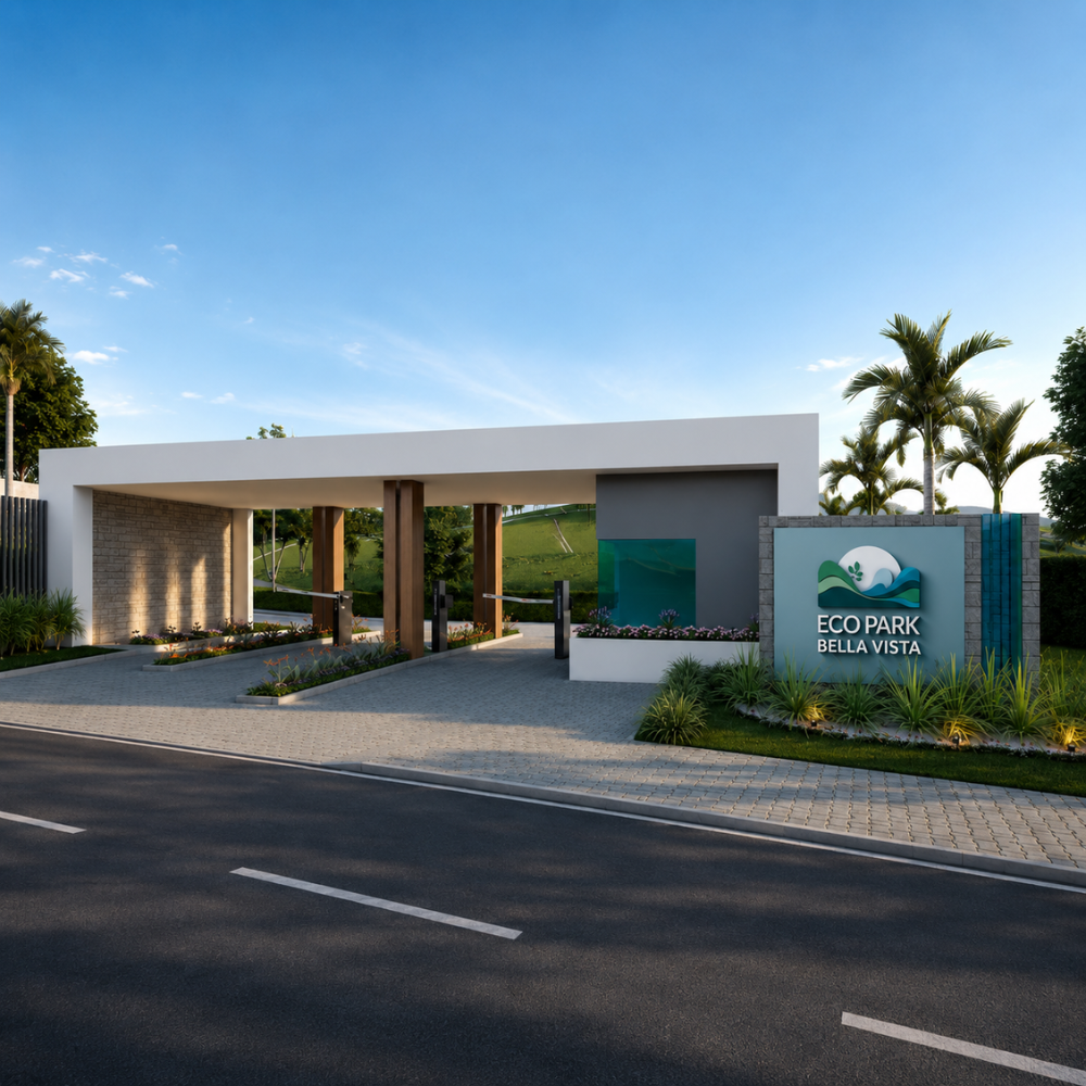 Perspectiva artística da portaria do Residencial Eco Park Bella Vista
