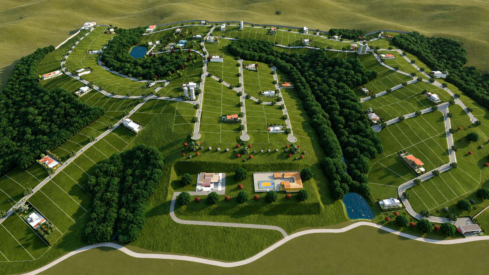 Vista aérea ilustrativa da implantação dos lotes em meio à natureza