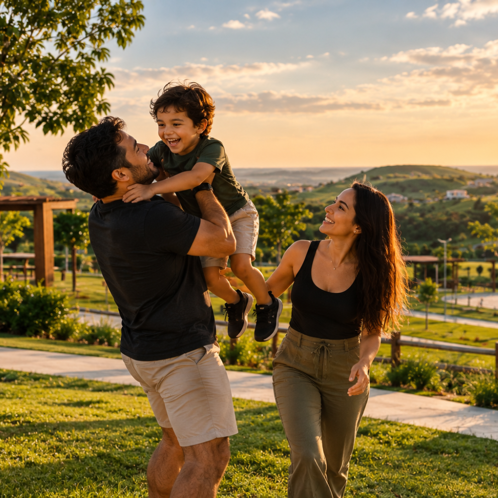 Família aproveitando momentos ao ar livre em área verde