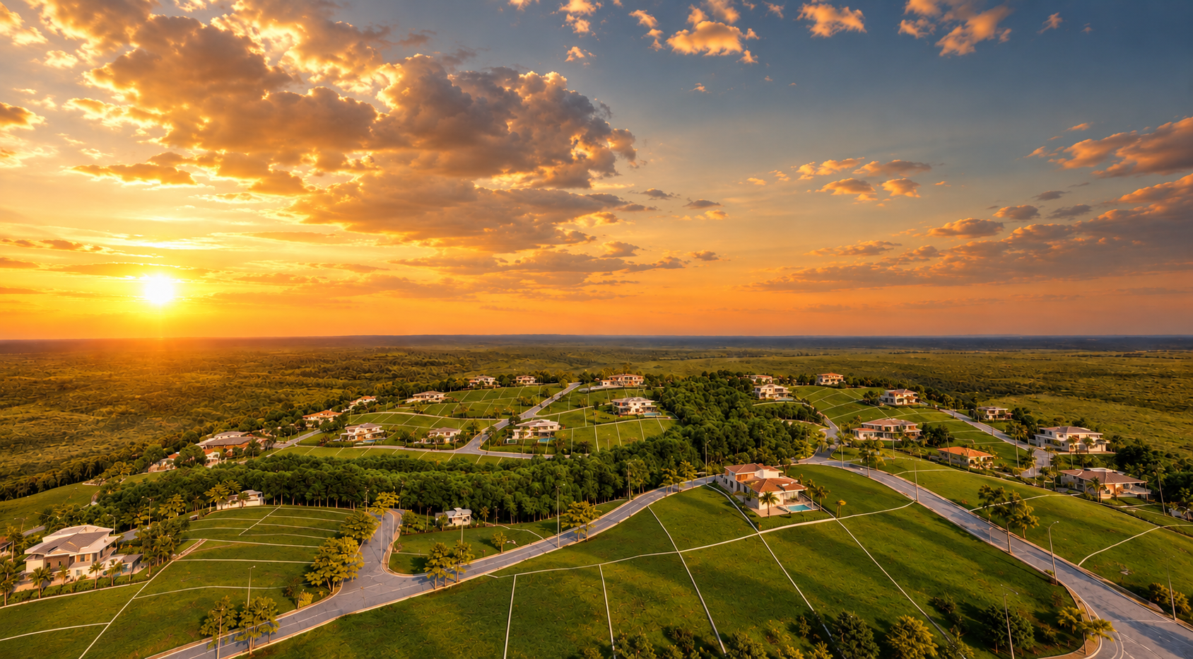 Vista aérea do Residencial Eco Park Bella Vista ao entardecer, com lotes, ruas pavimentadas e casas em meio às colinas verdes